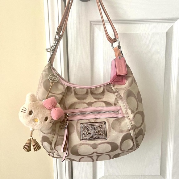 Coach Handbags - Coach Khaki Signature Hobo with Pink Trim and Tan Strap
